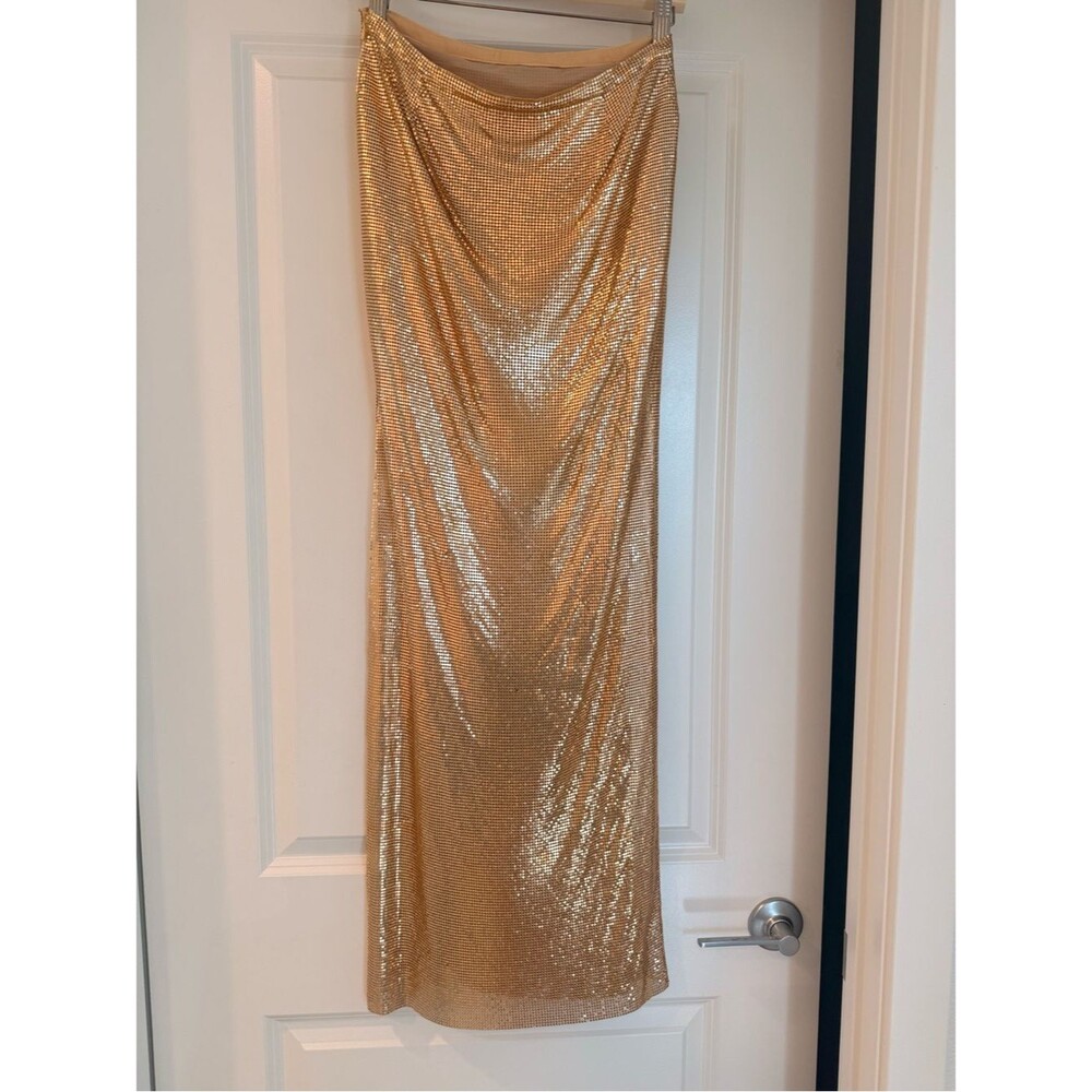 🆕 LOVERS and FRIENDS Sasha Gold Metallic Maxi high slit Skirt, party luxury, XS - Picture 10 of 13